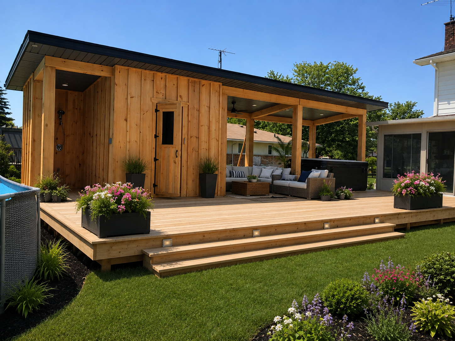 Outdoor covered structure and deck build in progress